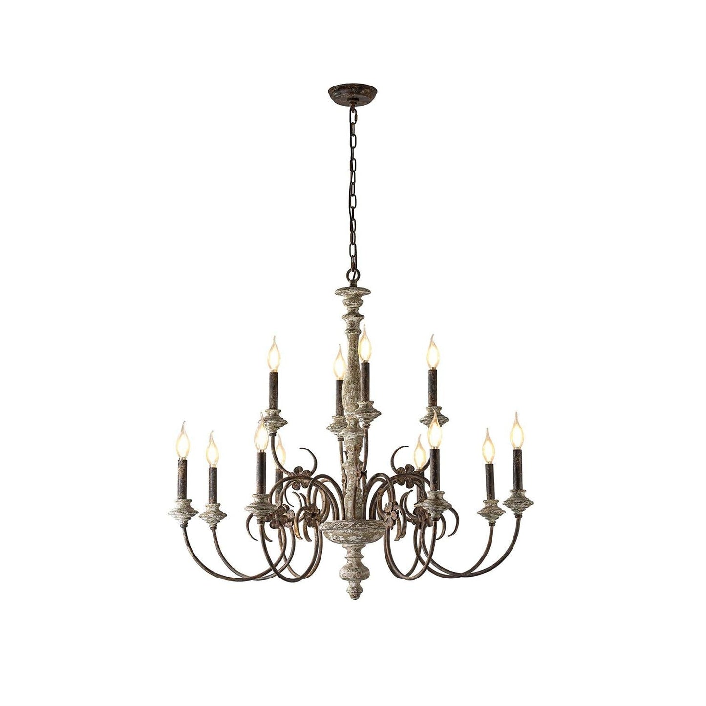 Decorative chandelier with multiple candle-style lights on a white background