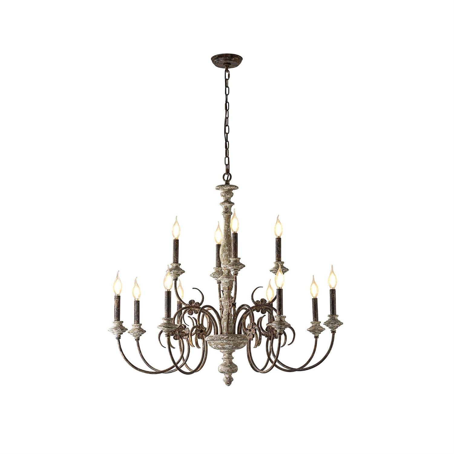 Decorative chandelier with multiple candle-style lights on a white background