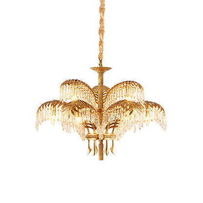Brass Palm Leaf Crystal Chandelier