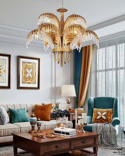 Brass Palm Leaf Crystal Chandelier