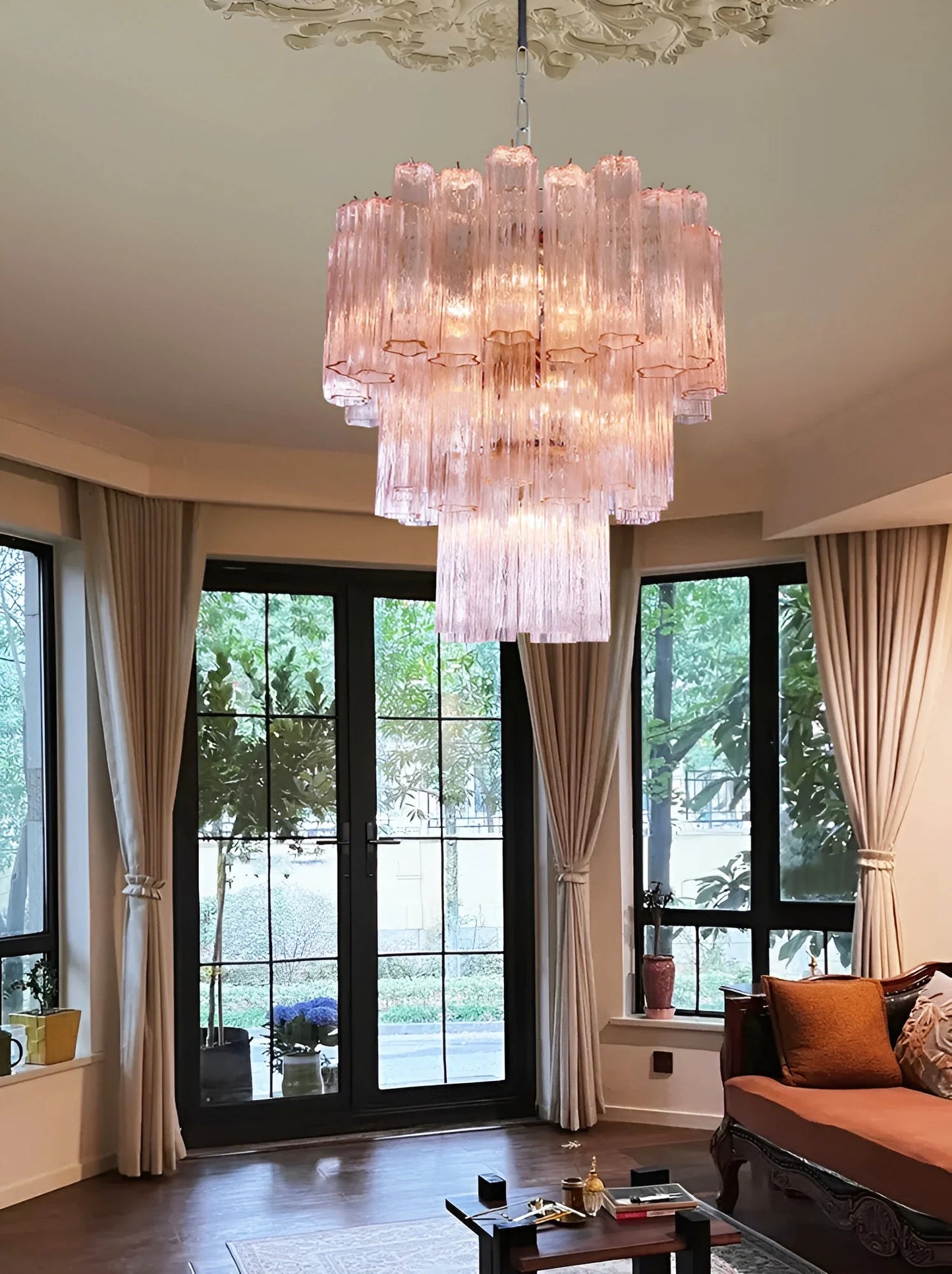 Elegant Pink Murano Tube Chandelier