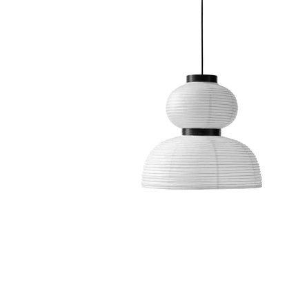 Two white pendant lamps with ribbed design on a white background