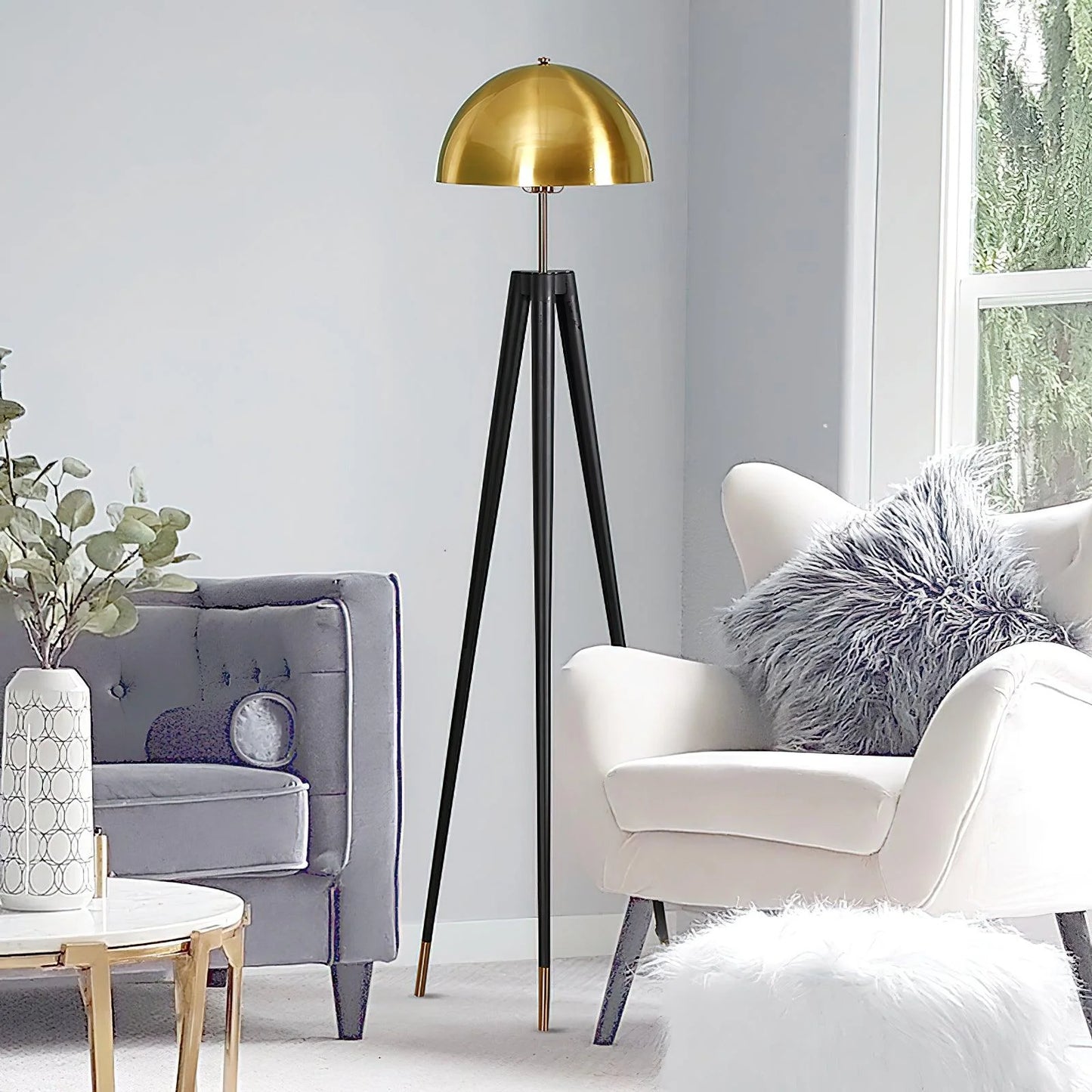 Three Legged Gold Gong Floor Lamp