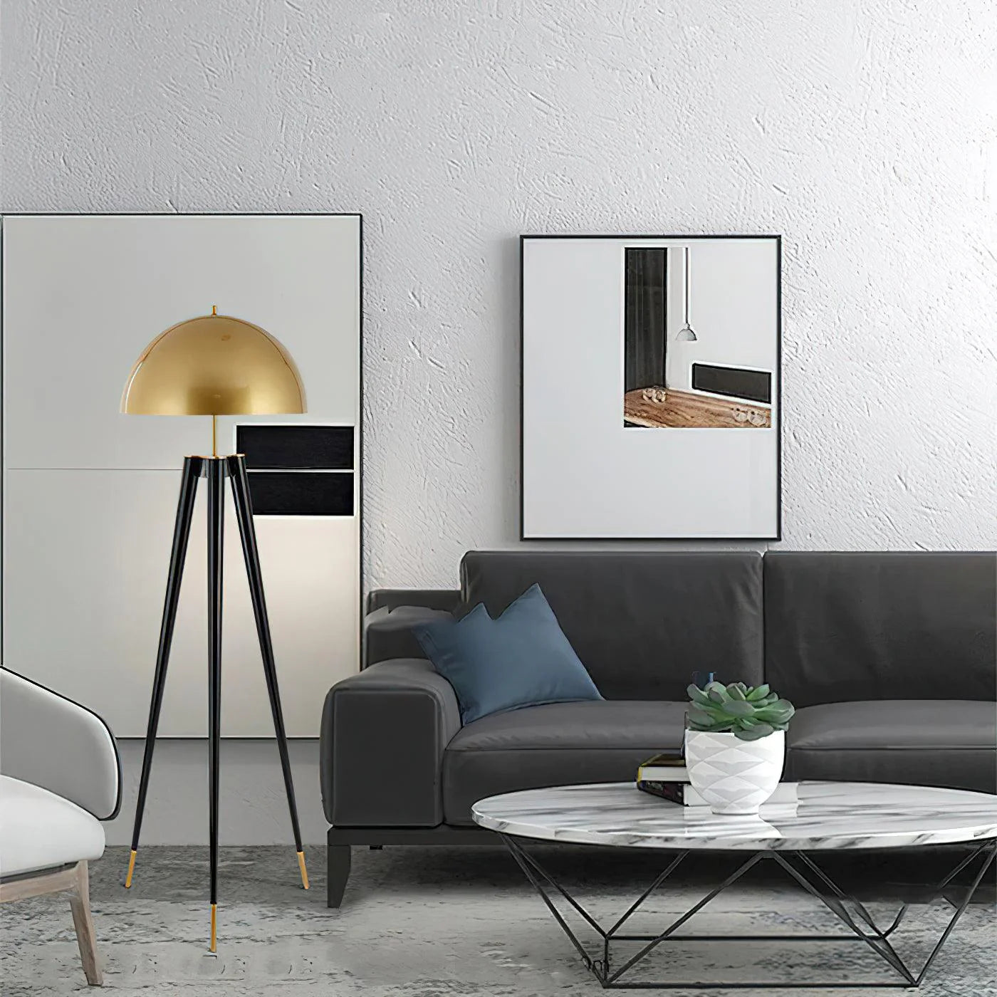 Three Legged Gold Gong Floor Lamp