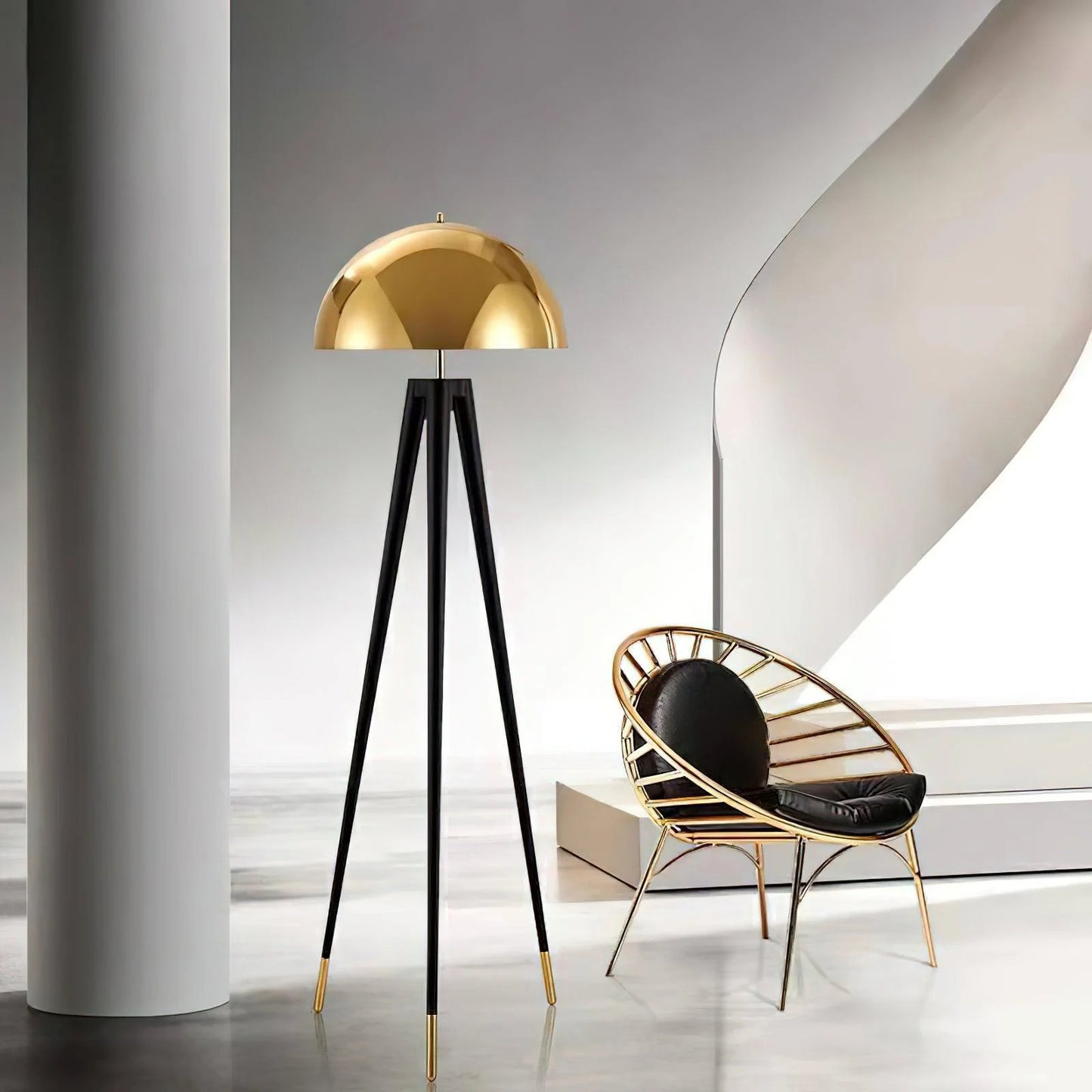 Three Legged Gold Gong Floor Lamp