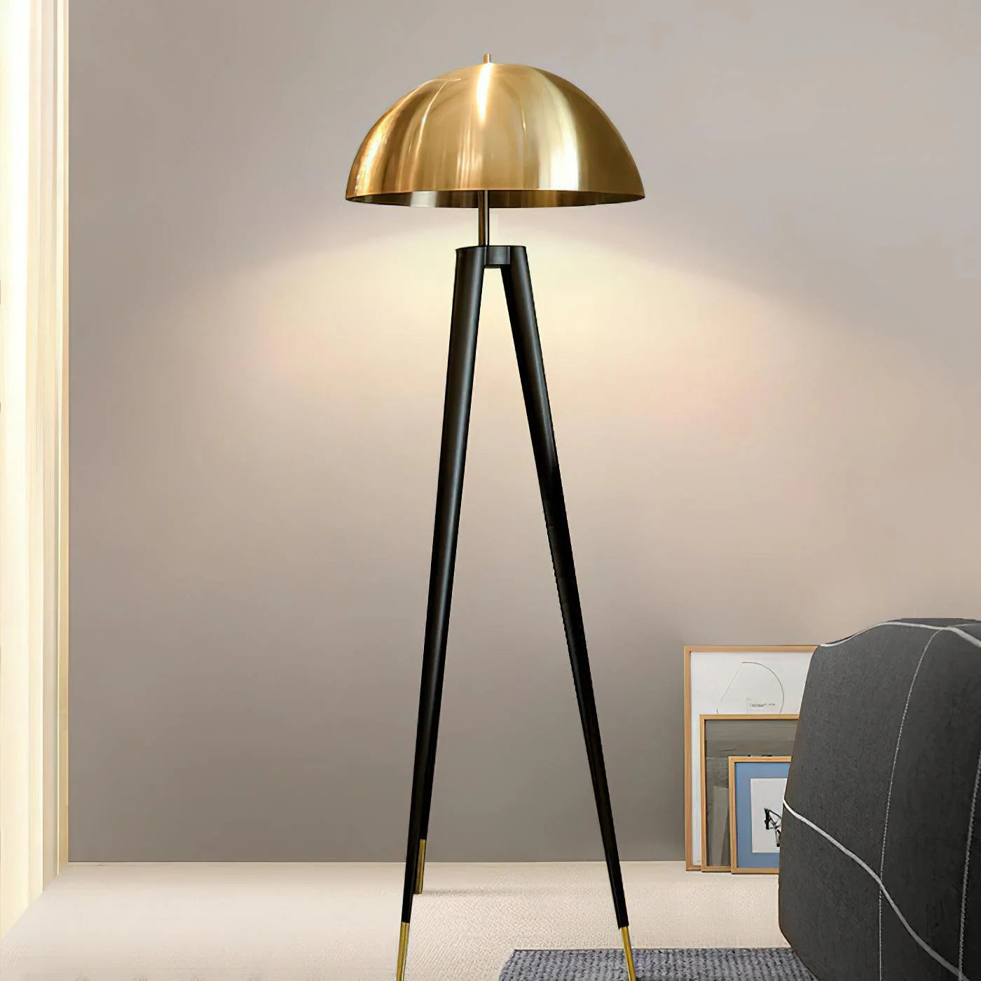 Three Legged Gold Gong Floor Lamp