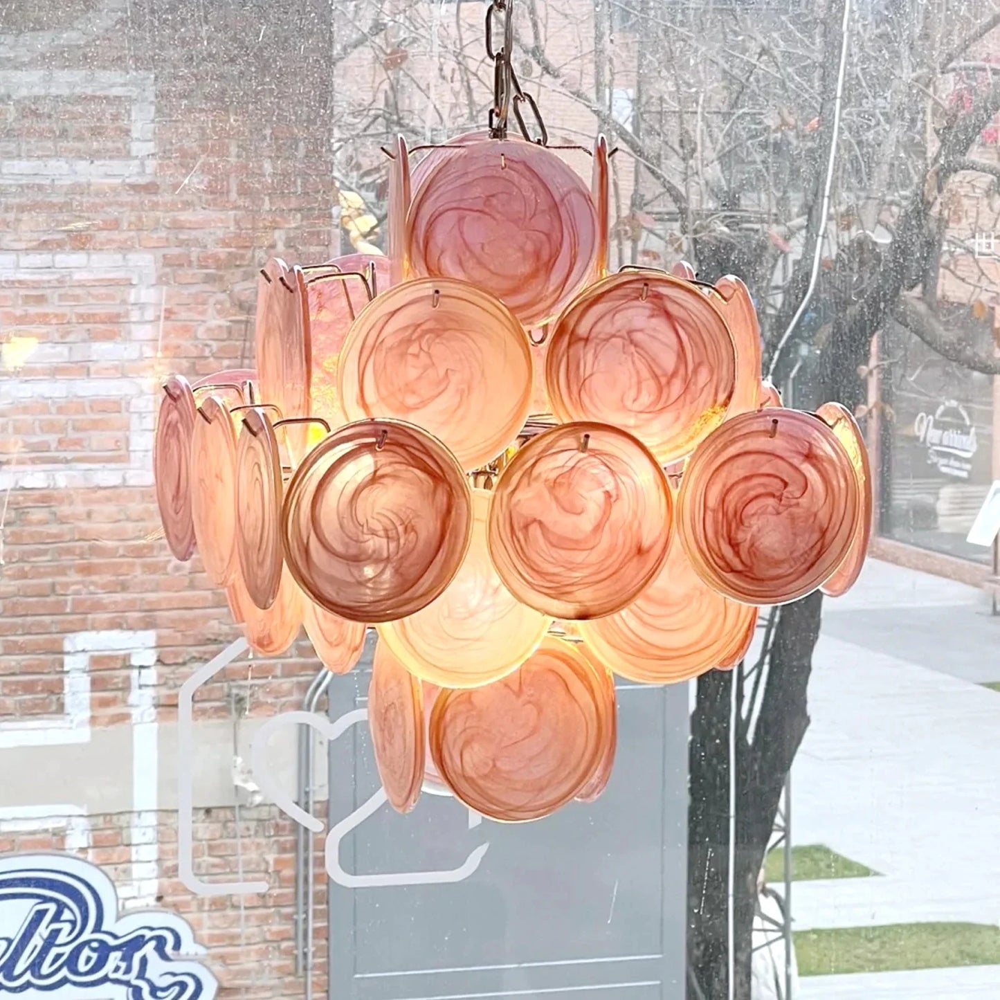 Vintage Murano Pink Glass Disks Chandelier