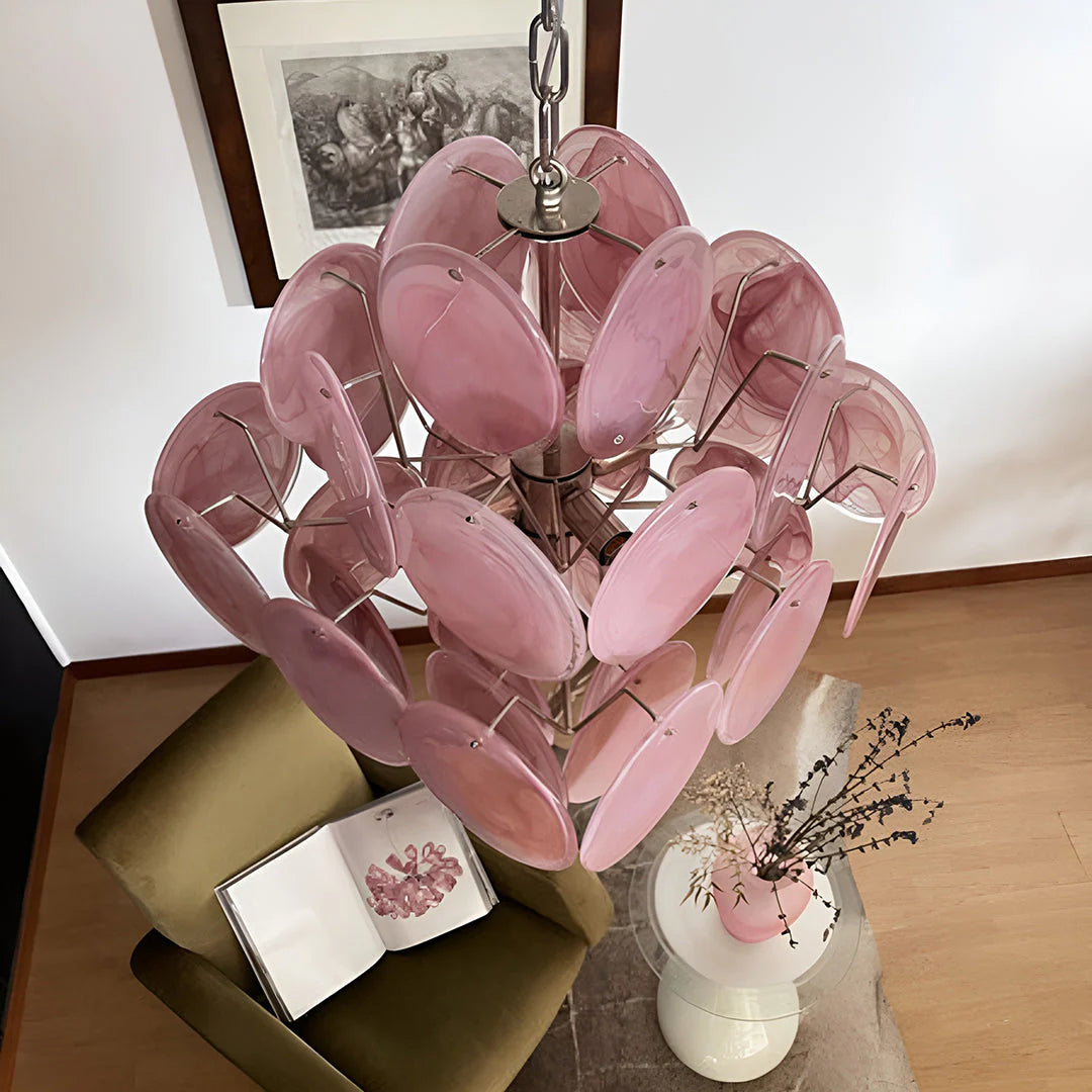 Vintage Murano Pink Glass Disks Chandelier