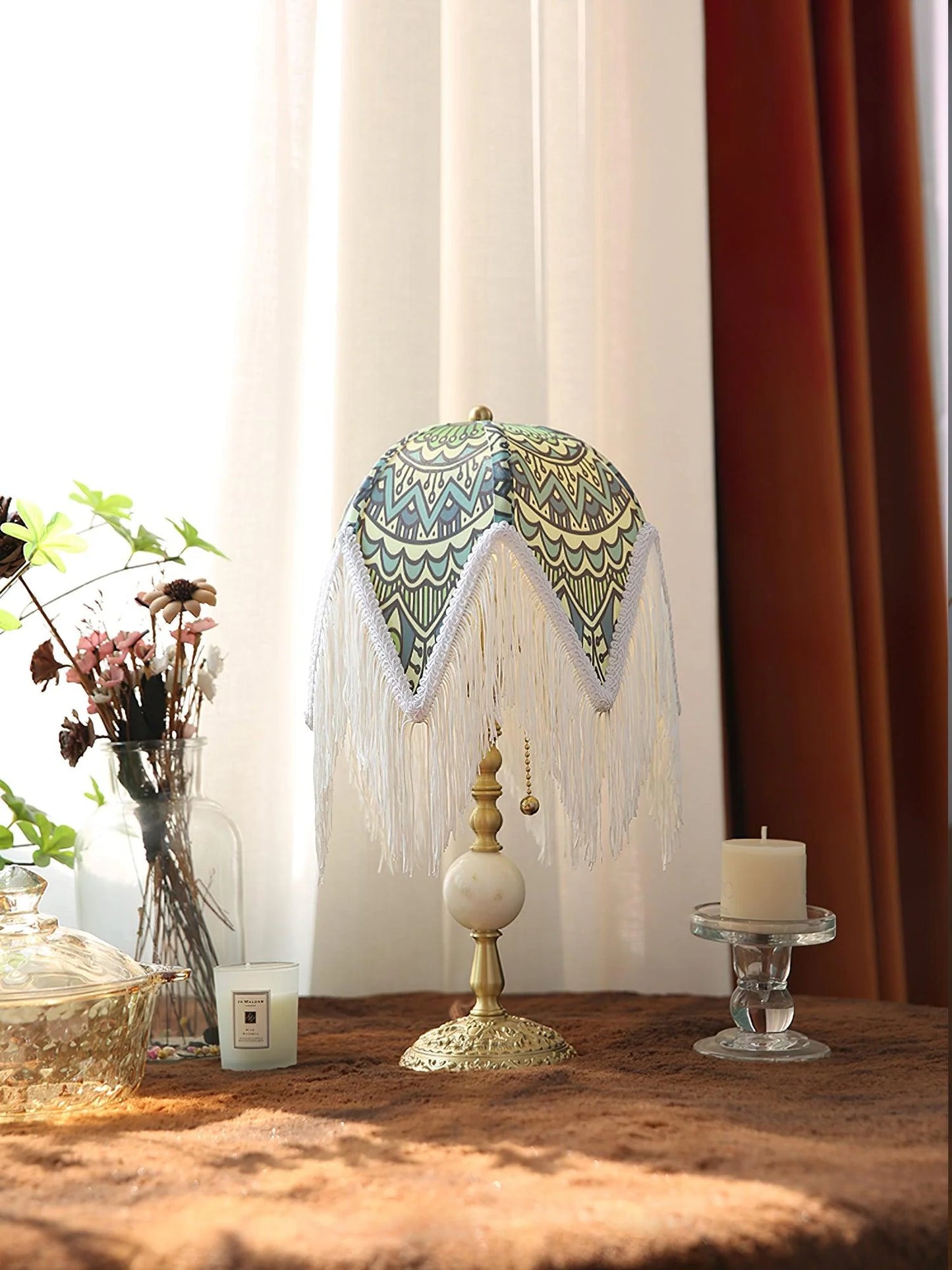 With Fringes Vintage Flowered Table Lamp