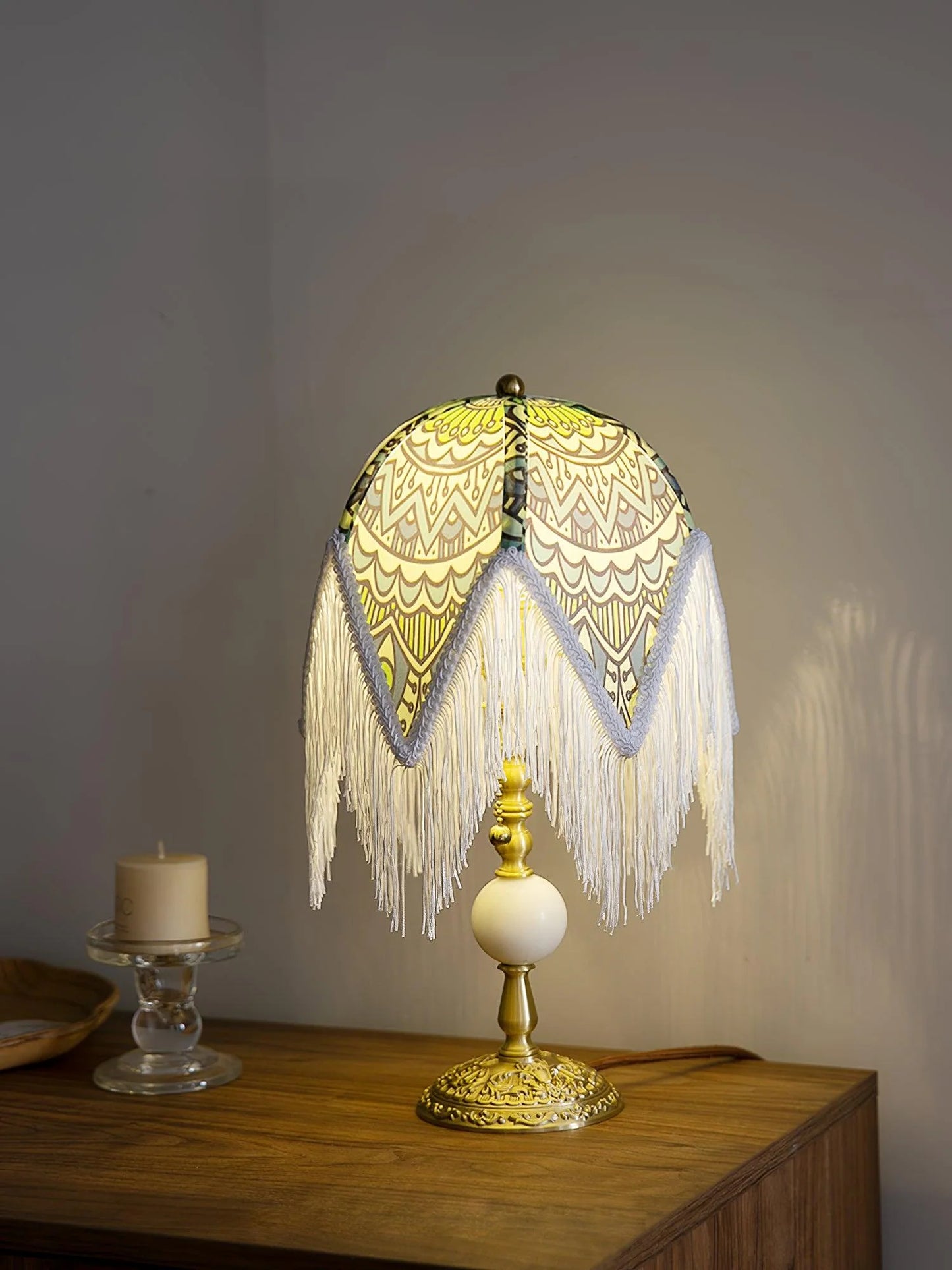 With Fringes Vintage Flowered Table Lamp